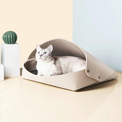 Semi-Enclosed Felt Cat Bed Foldable Removable Cozy Sleeping House for Cats