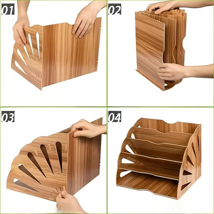 Multi Tier Fan-Shaped Wood Desktop Storage Box Document Storage Easy to Install