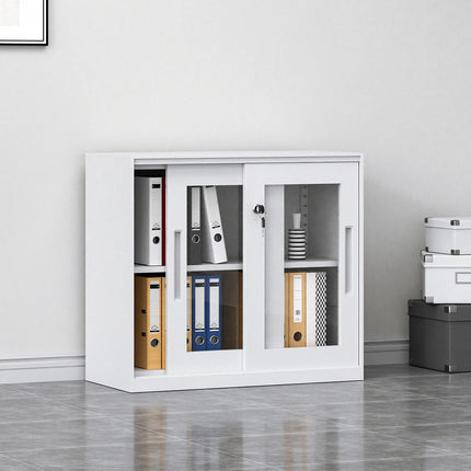 Metal File Storage Cabinet Lockable Sliding Door Office Organizer With Glass