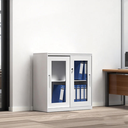 Metal File Storage Cabinet Lockable Sliding Door Office Organizer With Glass