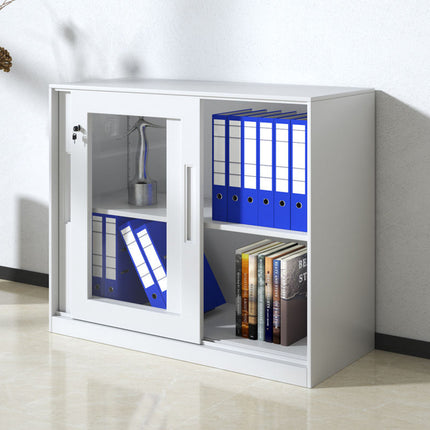 Metal File Storage Cabinet Lockable Sliding Door Office Organizer With Glass