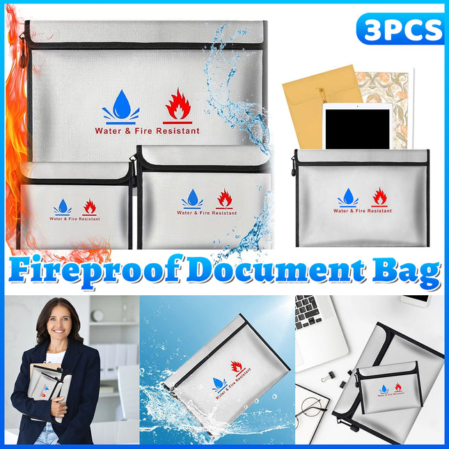 3Pcs Fireproof Document Bag High Temperature Resistant Safe File Storage Pouch
