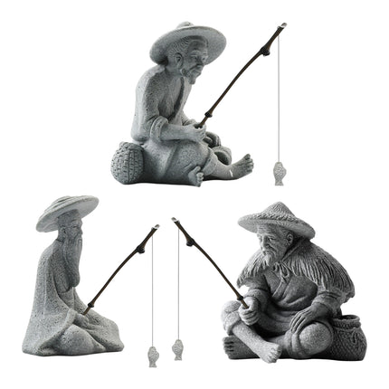 Fisherman Statue Aquarium Ornament Stone Look 3 Styles 6.5-7.2cm for Fish Tank
