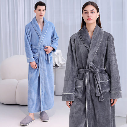 Flannel Bathrobe Set Autumn Winter Coral Fleece Nightgown for Men and Women Warm