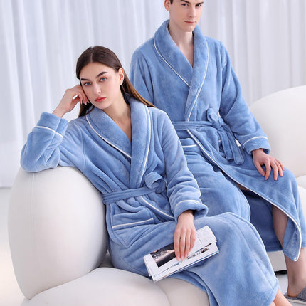 Flannel Bathrobe Set Autumn Winter Coral Fleece Nightgown for Men and Women Warm