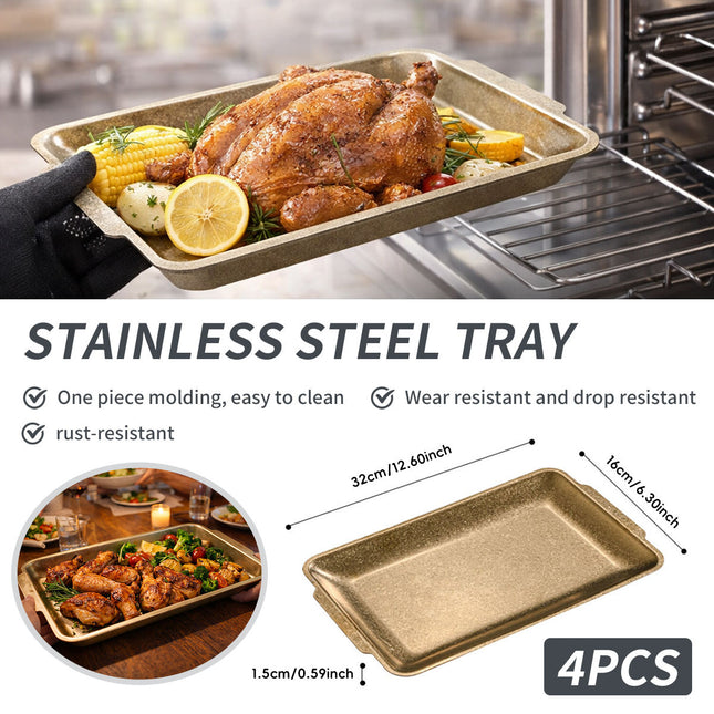 Stainless Steel Rectangular Serving Tray Set 4 Pieces Gold BBQ Hot Pot Plate