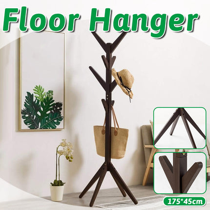 Solid Wood Coat Rack Floor Standing Clothes Hanger with 8 Hooks