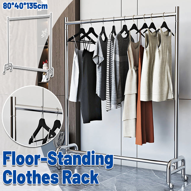 Stainless Steel Floor Standing Clothes Rack with Wheels Mobile Garment Rail