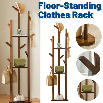 Bamboo Floor-Standing Clothes Rack with 8 Hooks Space Saving for Clothes Hat Bag