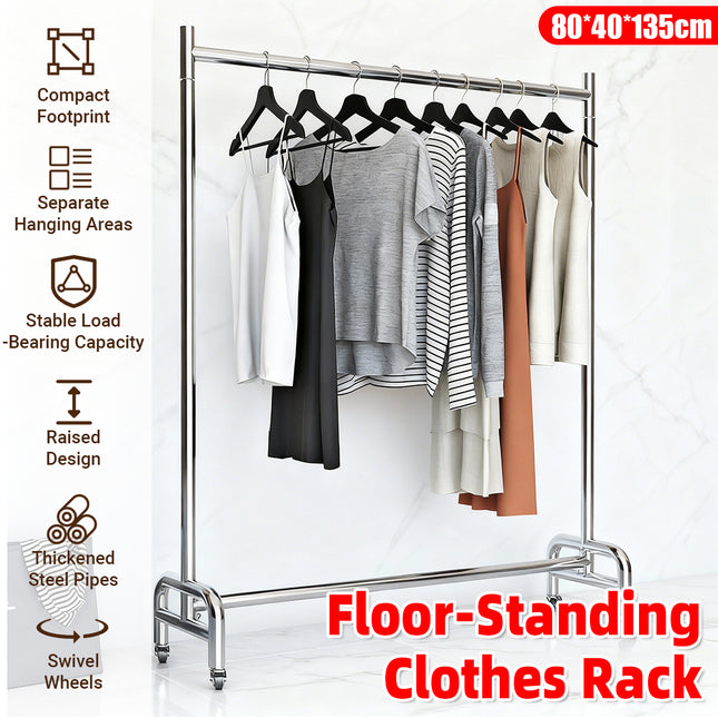 Floor-Standing Mobile Garment Rack with Wheels Clothes Display Stand Sturdy