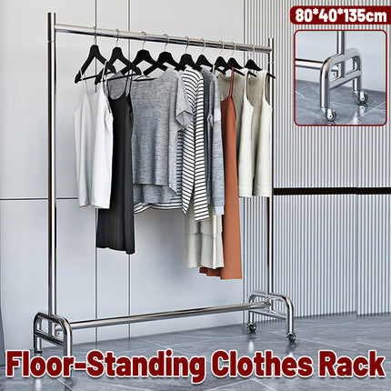 Stainless Steel Floor Standing Clothes Rack with Wheels Mobile Garment Rail