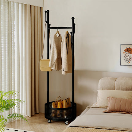 Moveable Floor-Standing Coat Rack Space Saving for Bedroom Clothes Storage Use