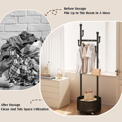 Moveable Floor-Standing Coat Rack Space Saving for Bedroom Clothes Storage Use