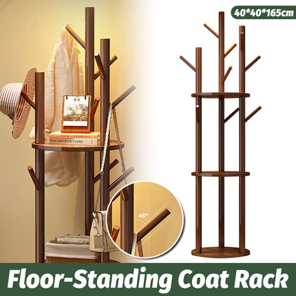 Solid Wood Floor-Standing Coat Rack with 8 Hooks Space Saving for Home Entryway