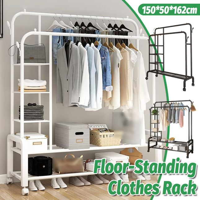 Double Row Floor-Standing Clothes Rack Space Saving for Bedroom Clothes Storage