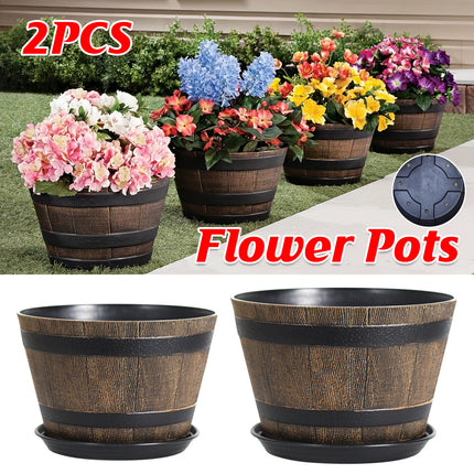 2PCS Wooden Barrel Style Plastic Flower Pots Anti Slip Base For Garden Plants