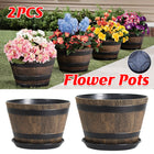 2PCS Wooden Barrel Style Plastic Flower Pots Anti Slip Base For Garden Plants