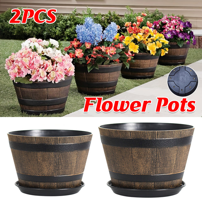 2PCS Wooden Barrel Style Plastic Flower Pots Anti Slip Base For Garden Plants