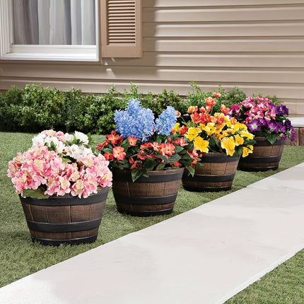 2PCS Wooden Barrel Style Plastic Flower Pots Anti Slip Base For Garden Plants