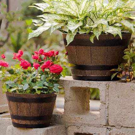 2PCS Wooden Barrel Style Plastic Flower Pots Anti Slip Base For Garden Plants