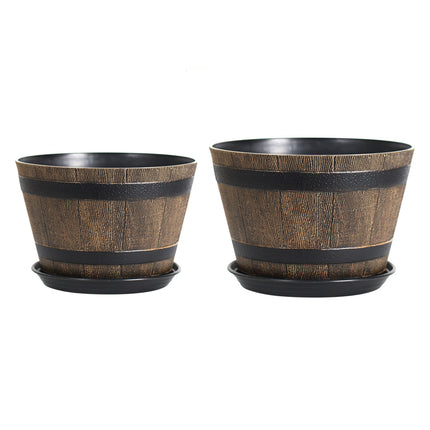 2PCS Wooden Barrel Style Plastic Flower Pots Anti Slip Base For Garden Plants