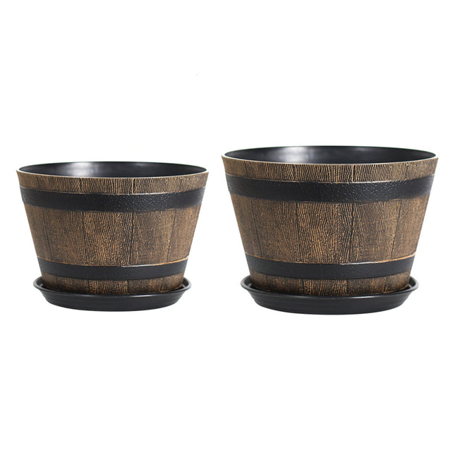 2PCS Wooden Barrel Style Plastic Flower Pots Anti Slip Base For Garden Plants