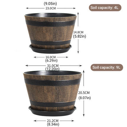 2PCS Wooden Barrel Style Plastic Flower Pots Anti Slip Base For Garden Plants