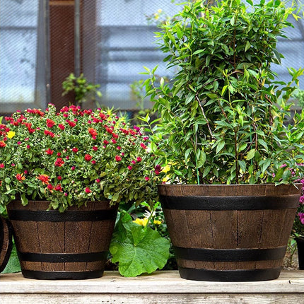 2PCS Wooden Barrel Style Plastic Flower Pots Anti Slip Base For Garden Plants