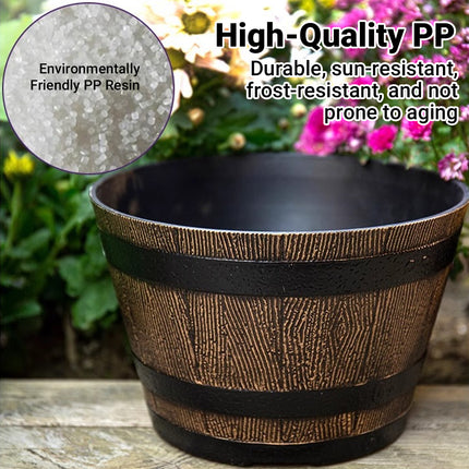 2PCS Wooden Barrel Style Plastic Flower Pots Anti Slip Base For Garden Plants