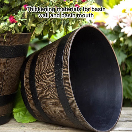 2PCS Wooden Barrel Style Plastic Flower Pots Anti Slip Base For Garden Plants