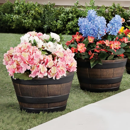 2PCS Wooden Barrel Style Plastic Flower Pots Anti Slip Base For Garden Plants