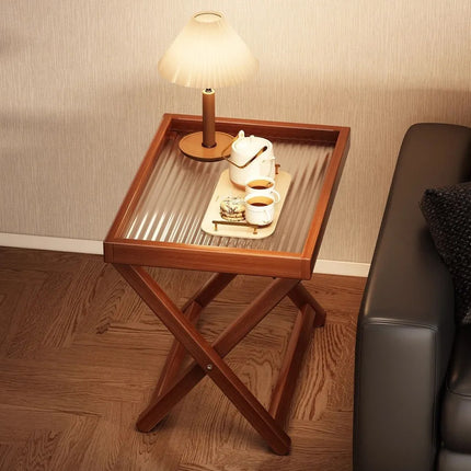 Bamboo Folding Side Table 40x30x44cm Wood or Acrylic Top for Sofa Bedroom