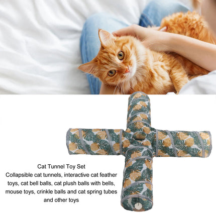 4-Channel Foldable Cat Tunnel Printed Pet Cat Runway For Kitten Chase Play Toy