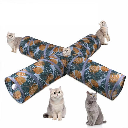4-Channel Foldable Cat Tunnel Printed Pet Cat Runway For Kitten Chase Play Toy