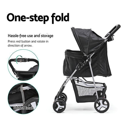 Foldable Pet Stroller 4 Wheels Dog Cat Travel Pram Carrier Cage Pushchair