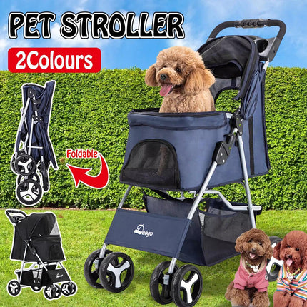 Foldable Pet Stroller 4 Wheels Dog Cat Travel Pram Carrier Cage Pushchair