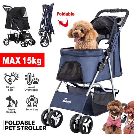 Foldable Pet Stroller 4 Wheels Dog Cat Travel Pram Carrier Cage Pushchair