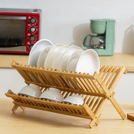 Bamboo Dish Drying Rack 2 Tier Foldable Sink Organizer for Kitchen Countertop