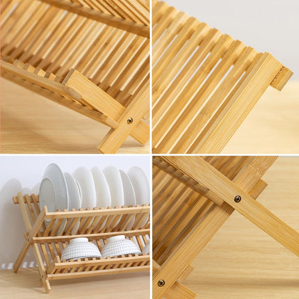 Bamboo Dish Drying Rack 2 Tier Foldable Sink Organizer for Kitchen Countertop