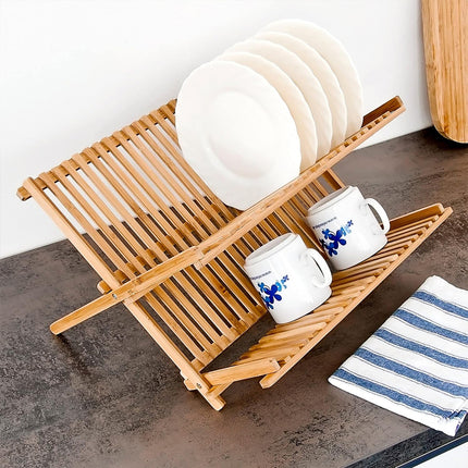 Bamboo Dish Drying Rack 2 Tier Foldable Sink Organizer for Kitchen Countertop