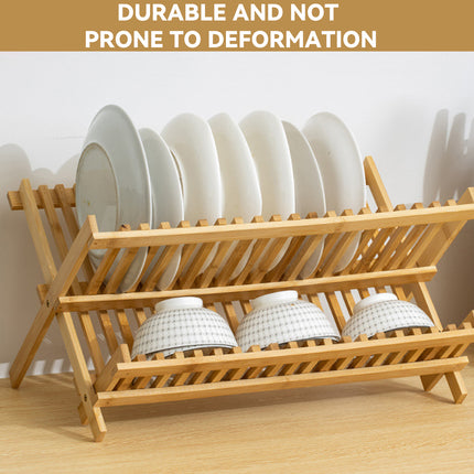 Bamboo Dish Drying Rack 2 Tier Foldable Sink Organizer for Kitchen Countertop