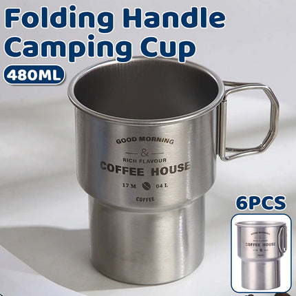6PCS Stainless Coffee Steel Camping Cups with Foldable Handle 480ml Food-Grade
