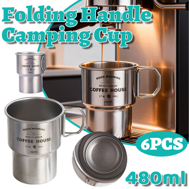 6PCS Stainless Coffee Steel Camping Cups with Foldable Handle 480ml Food-Grade