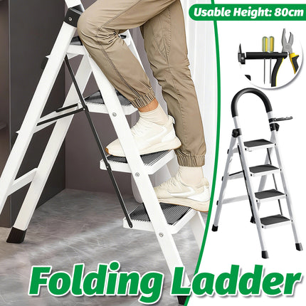 Folding 4 Step Ladder 120cm Carbon Steel White Frame Tool Rack for Home Kitchen