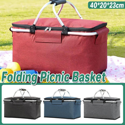 Folding Picnic Basket Insulated Cooler Bag Portable Outdoor Grocery Storage