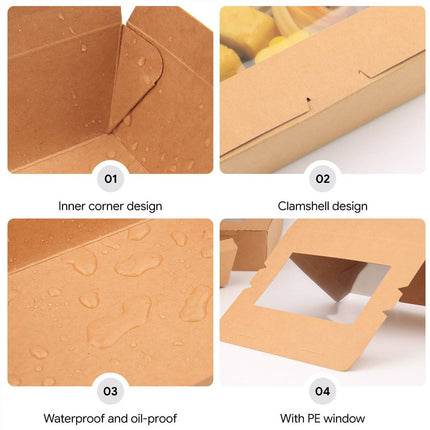 50pcs 700/900ml Brown Kraft Single Window Lunch Food Takeaway Packaging Service