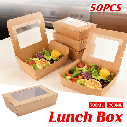 50pcs 700/900ml Brown Kraft Single Window Lunch Food Takeaway Packaging Service