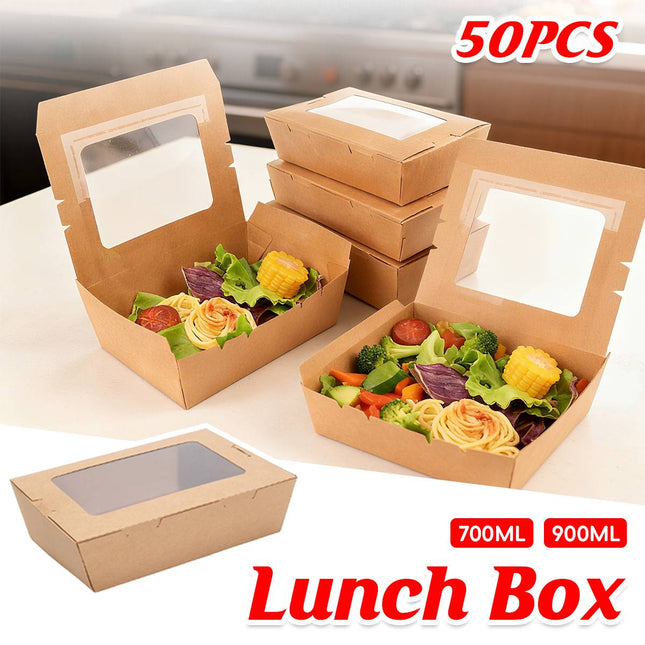 50pcs 700/900ml Brown Kraft Single Window Lunch Food Takeaway Packaging Service