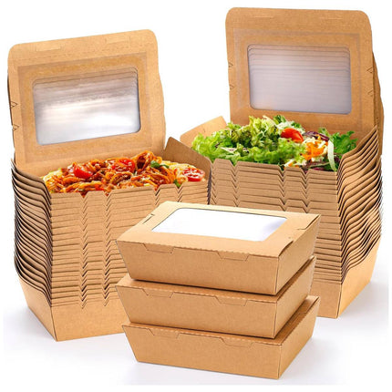 50pcs 700/900ml Brown Kraft Single Window Lunch Food Takeaway Packaging Service
