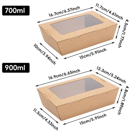 50pcs 700/900ml Brown Kraft Single Window Lunch Food Takeaway Packaging Service